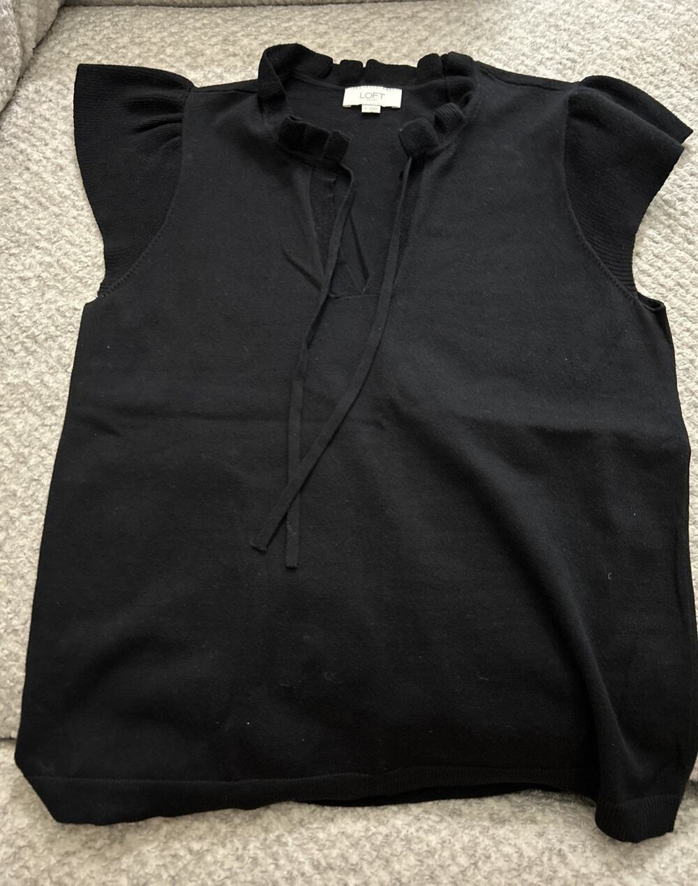 LOFT Cap Sleeve Ruffle Tie V-Neck Sweater Women’s Size S Black